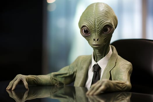 An alien dressed as a businessman sits at a table.