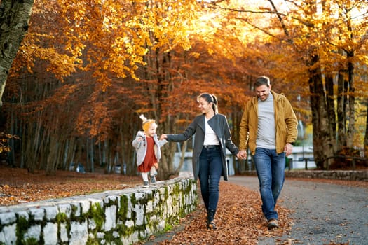 Dad, mom and a little girl walk holding hands in the autumn park. High quality photo