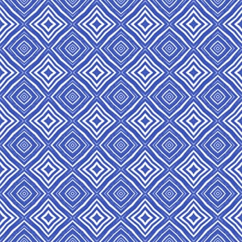 Ikat repeating swimwear design. Indigo symmetrical kaleidoscope background. Textile ready perfect print, swimwear fabric, wallpaper, wrapping. Summer ikat sweamwear pattern.