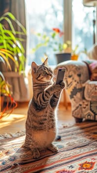 cute cat standing upright, holding a smartphone as if taking a selfie, in a cozy home environment with warm lighting. vertical