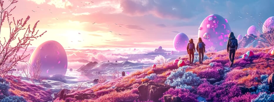 surreal and vibrant scene with explorers wandering through a fantastical landscape adorned with large, translucent Easter eggs, set against a dreamy pink sky, banner with copy space