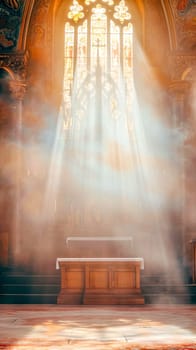 dramatic scene inside a church with sunlight streaming through a stained-glass window, casting a silhouette of a cross and creating an ethereal atmosphere, vertical banner with copy space