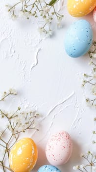 minimalist Easter composition with speckled eggs in pastel colors and delicate white flowers on a textured white background, offering ample copy space. vertical