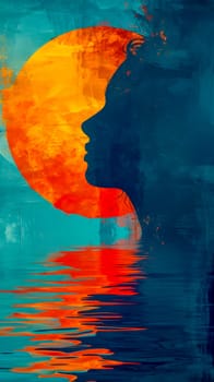 features an artistic representation of a silhouette profile against a vibrant orange and blue background with reflections in water, symbolizing depth and introspection, vertical
