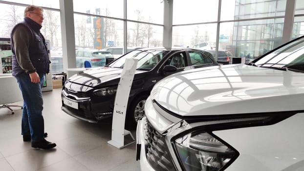 Cheboksary, Russia - March 20, 2023: Cars in showroom of dealership KIA