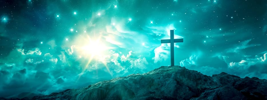 serene and spiritual scene with a cross atop a rocky mountain, under a celestial sky filled with stars and clouds illuminated by a radiant burst of sunlight. banner with copy space