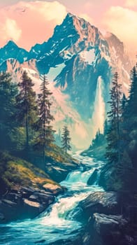 picturesque mountain landscape featuring a vibrant waterfall cascading into a flowing river, surrounded by lush pine trees, with a backdrop of towering, rugged peaks under a soft, pastel sky. vertical
