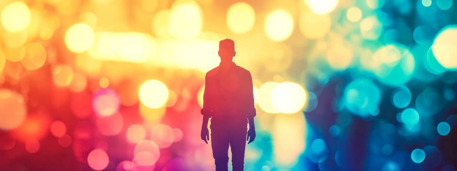 silhouette of a person standing against a vibrant bokeh background with a warm, colorful glow, giving a sense of inspiration, leadership, and creativity. banner with copy space