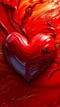 vividly textured heart shape with swirling patterns of red and maroon, resembling thick, glossy paint, symbolizing passion and love in a visually striking abstract art style, vertical
