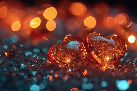 Two glittering hearts in romantic glow amidst sparkling gems, evoking feelings of love and affection, perfect for Valentine's Day, anniversaries, romantic occasions, jewelry promotions. Generative AI