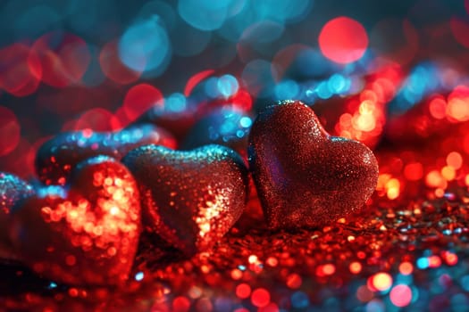 Sparkling red hearts with glitter, on warm, bokeh backdrop, perfect for expressing love and affection during Valentine's celebrations, anniversaries, or special romantic moments. Generative AI