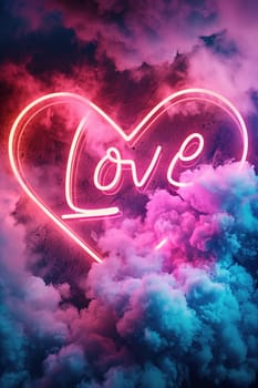 Neon sign 'love' floats amidst surreal dreamscape of fluffy clouds, with shades of pink and blue, creating romantic visual perfect for expressions of affection and dreamy atmospheres. Generative AI