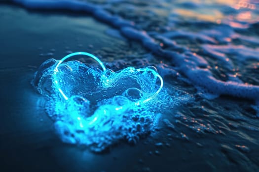 Neon heart glows amidst ocean waves, symbolizing a deep, abiding love as powerful and constant as the sea, perfect for themes of romance, passion, and the enduring nature of emotions. Generative AI