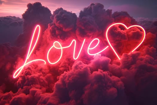 Neon word 'Love' with fluffy clouds, glowing intensely against a dusk sky, creating a surreal and romantic atmosphere that's perfect for evocative and dreamy themes in art and design. Generative AI