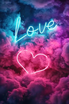 Neon word Love and heart against mesmerizing backdrop of vibrant pink and blue clouds, creating magical romantic visual feast perfect for expressions of passion and celebratory moments. Generative AI