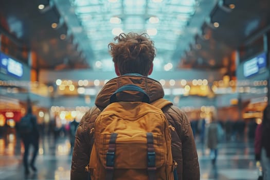Traveler with backpack at the modern airport terminal. Generative AI.