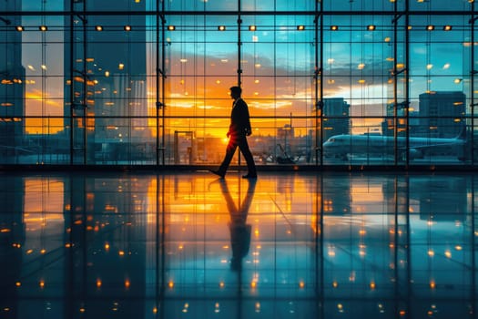 Traveler with backpack at the modern airport terminal. Generative AI.