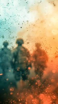 soldiers, intense and emotive scene with blurred silhouettes of people amidst what appears to be a chaotic atmosphere enhanced by a fiery color palette that could suggest urgency or conflict, vertical