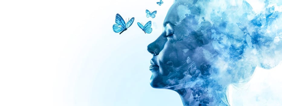 profile of a person in a tranquil state, overlaid with a tranquil blue watercolor effect and adorned with delicate butterflies, evoking a sense of peace and transformation, banner with copy space