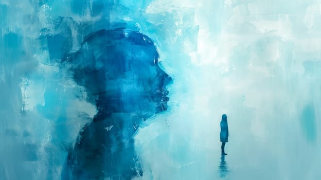 silhouette profile embedded in a textured blue canvas, suggesting introspection and the depths of the human psyche, alongside a solitary figure standing in the distance, self-reflection and solitude.
