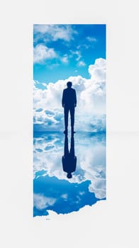 silhouette of a person standing before a surreal landscape, where the sky and clouds are reflected below, creating a visual metaphor for reflection, aspiration, boundless nature of the human spirit