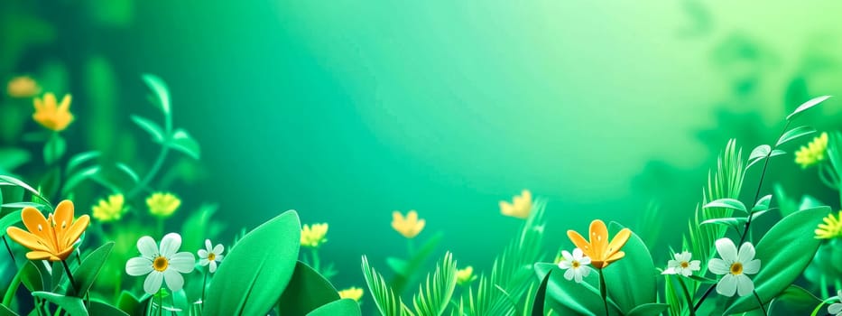 vibrant and lively depiction of spring with a gradient of green hues, showcasing stylized flowers in bloom, which symbolize growth and the rejuvenation of nature, banner with copy space