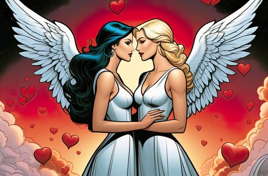 Valentina Couple. Blonde and brunette two women, beautiful couple.Love. Happy Valentine's Day. Cartoon.