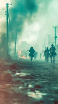 tense and chaotic scene with blurred figures of soldiers in motion amidst smoke and debris, capturing the urgency and disarray of a conflict or battle situation, vertical banner with copy space