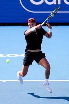 MELBOURNE, AUSTRALIA - JANUARY 11: Holger Rune of Denmark whilst playing Karen Khachanov of Russia during day one of the 2024 Kooyong Classic at Kooyong on January 11, 2024 in Melbourne, Australia.