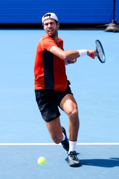 MELBOURNE, AUSTRALIA - JANUARY 11: Karen Khachanov of Russia plays against Holger Rune of Denmark during day one of the 2024 Kooyong Classic at Kooyong on January 11, 2024 in Melbourne, Australia.