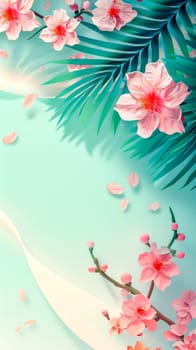 spring with lush tropical leaves and delicate pink cherry blossoms against a soft teal background, embodying the beauty and freshness of the season in a 3D minimalist style, vertical, copy space