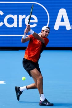 MELBOURNE, AUSTRALIA - JANUARY 11: Karen Khachanov of Russia plays against Holger Rune of Denmark during day one of the 2024 Kooyong Classic at Kooyong on January 11, 2024 in Melbourne, Australia.