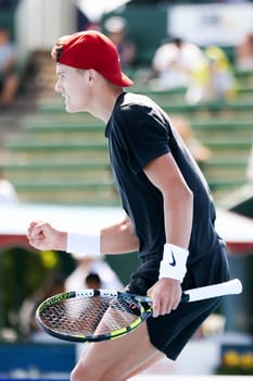 MELBOURNE, AUSTRALIA - JANUARY 11: Holger Rune of Denmark reacts whilst playing Karen Khachanov of Russia during day one of the 2024 Kooyong Classic at Kooyong on January 11, 2024 in Melbourne, Australia.