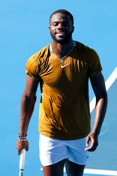 MELBOURNE, AUSTRALIA - JANUARY 10: Frances Tiafoe of USA reacts whilst playing against Zhang Zhi Zhen of China during day one of the 2024 Kooyong Classic at Kooyong on January 10, 2024 in Melbourne, Australia.