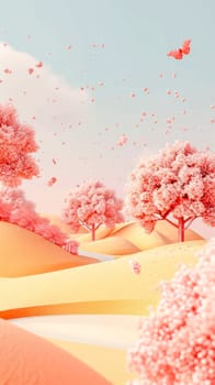 dreamlike landscape filled with soft pastel colors, creating an idyllic spring scene. Dominating the image are lush, pink trees in full bloom, reminiscent of cherry blossoms, vertical