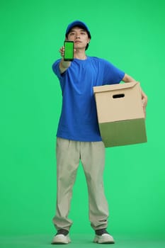 The delivery guy, on a green background, full-length, with a box and a phone.