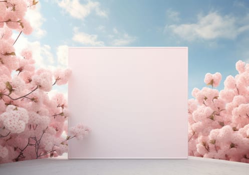 Spring Blossoms: Pink Floral Background with White Cherry Blossom Branches and Empty Frame