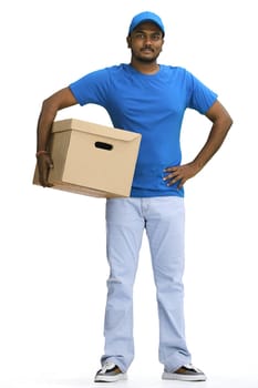 Male deliveryman, on a white background, full-length.