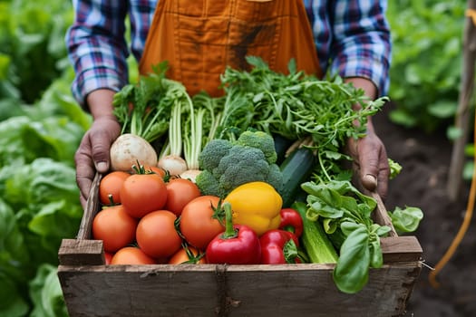 Farmer holding a box with all kinds of fresh vegetables, with on field background, harvest or organic food concept