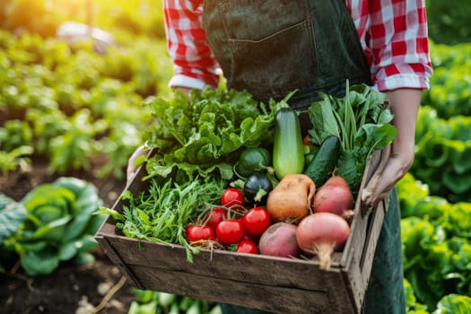 Farmer holding a box with all kinds of fresh vegetables, with on field background, harvest or organic food concept