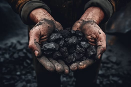 Closeup photo of Miner's hands holding black coal, view from above