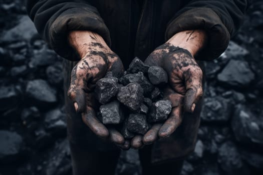 Closeup photo of Miner's hands holding black coal, view from above