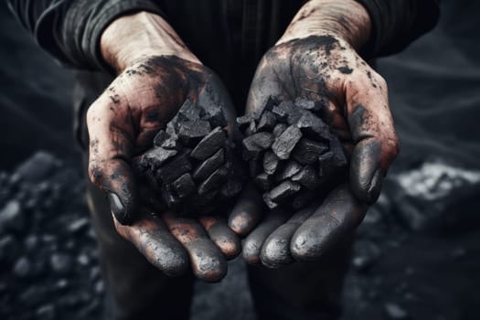 Closeup photo of Miner's hands holding black coal, view from above