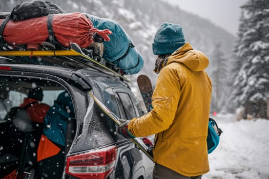 Tourists outdoor with equipment from the car skis and snowboards, winter activities concept