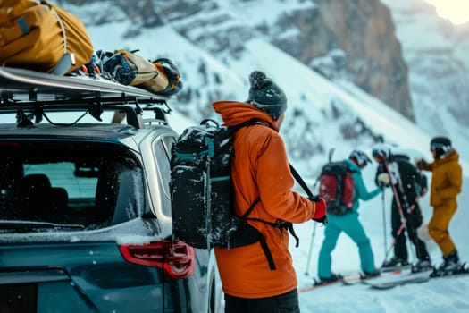 Tourists outdoor with equipment from the car skis and snowboards, winter activities concept