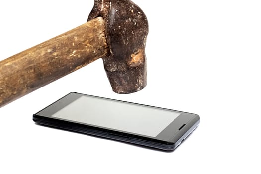 Phone under the hammer isolated on a white background