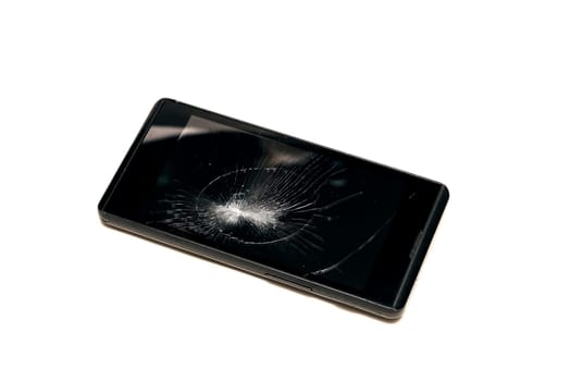 Broken display phone close up isolated on white background