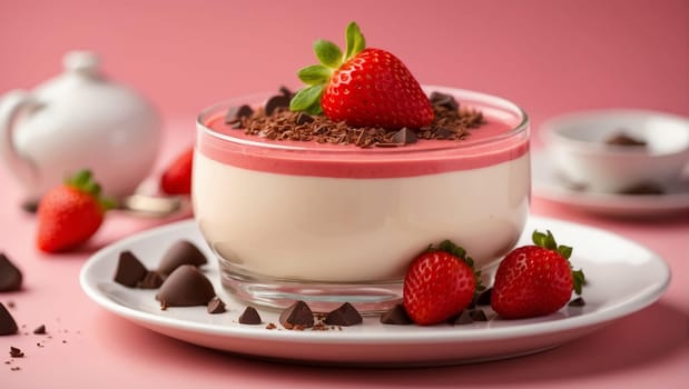 Panna cotta with strawberries, strawberry sauce and chocolate chunks on a pastel pink background, Valentine's Day, bright, delicate details