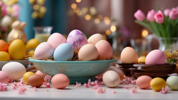 Easter dinner with Easter eggs and traditional dishes. , taste and sophistication combined in a delicious holiday meal,family circle around the Easter table, the light magic of the holiday and a sense of true happiness,colorful,Easter eggs,pink pastel background,exquisite detailing