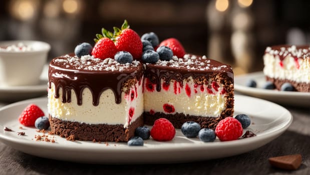 Chocolate cheesecakes with cream sauce and berry filling on a plate, bright and luminous image